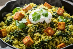 One-pot spinach saag paneer rice recipe
